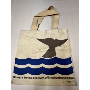 Vintage Freelance Tote Bag Whale Graphic Canvas Natural Blue Quote 1981 Eco 80s